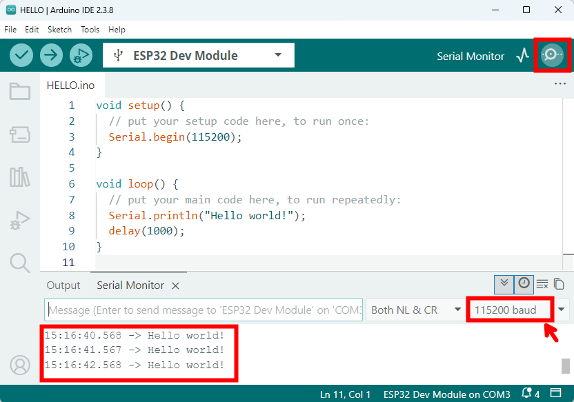 Mở cổng serial monitor